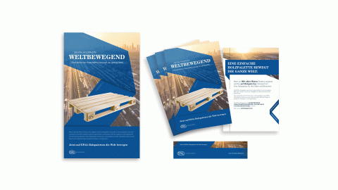 Werbematerialien wie Flyer und Broschüren mit EPAL Holzpaletten.