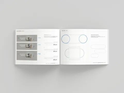 Aufgeschlagenes Brand-Style-Guide-Buch mit Logo-Layout und Konstruktionsrastern