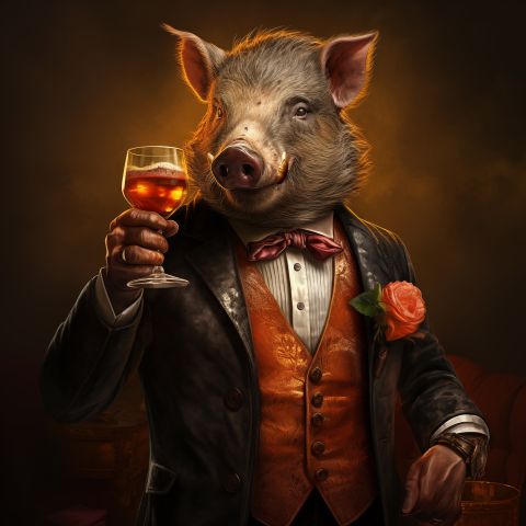 Anthropomorphes Wildschwein in einem formellen Anzug mit Fliege, mit einem Glas Wein in der Hand und einer Rosenboutonniere.