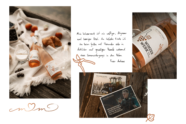 Collage aus Bildern von Postkarten und Weinflaschen mit dem Schriftzug "Winzerwerk", einer Zeichnung von einer Gartenschere und einem handgeschriebenen Text..