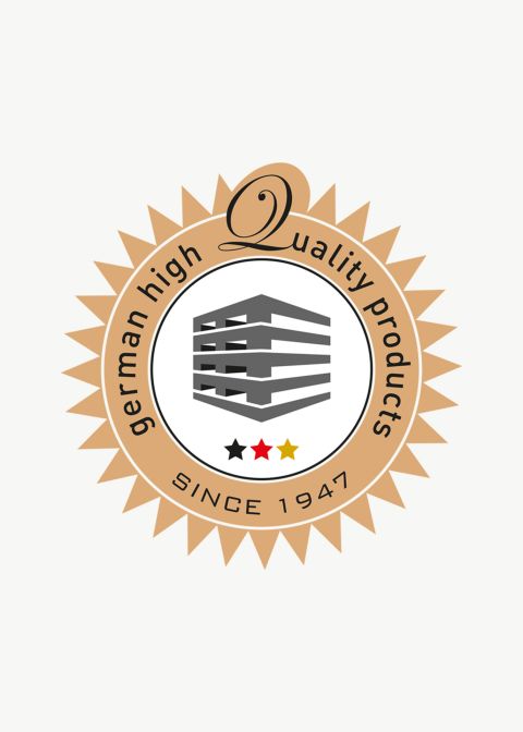 Siegel für Deutsche Markenqualität Rundes Qualitätssiegel mit Palettensymbol, deutschen Nationalfarben und Schriftzug „German High Quality Products – Since 1947“.