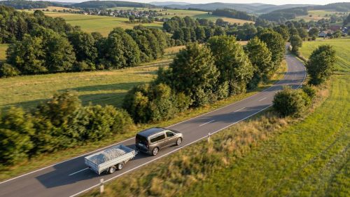 Ein Hirth Dreiseitenkipper beladen mit Kies wird von einem VW Caddy durch die Landschaft gezogen.