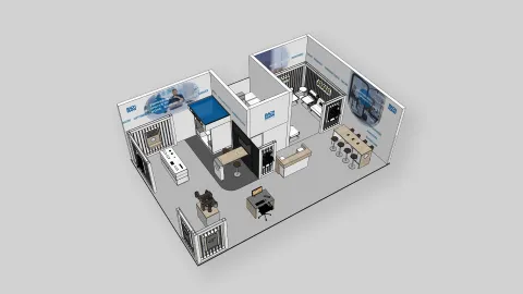 3D-Planungsmodell des Bachmann-Messestands mit Traversen und Sitzbereich