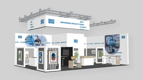 3D-Rendering des Bachmann-Messestands mit Hängebanner und Empfangsbereich