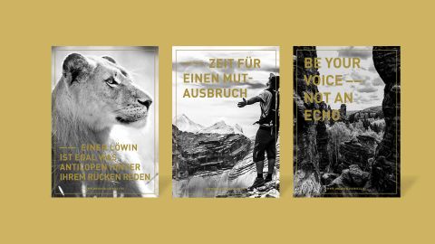 Drei Motivposter mit inspirierenden Zitaten und Naturmotiven: Löwin, Berglandschaft und Felsenlandschaft auf goldenem Hintergrund.