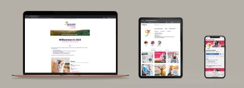 Social Media Kanäle und Blog von Gesundes Kinzigtal auf verschiedenen Endgeräten nebeneinander geöffnet