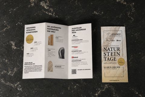 Broschüre von Jogerst Steintechnologie zur Hausmesse "Natursteintage" mit Sonderkonditionen, Materialien und Ausstellerverzeichnis.