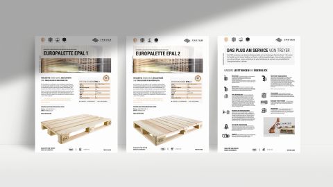Produktdatenblätter von Treyer Paletten Drei Produktdatenblätter zu Europalette EPAL 1 & EPAL 2 sowie Serviceleistungen von Treyer mit technischen Daten und Bildern.