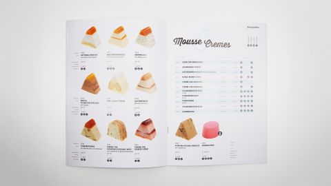 Offenes Produktkatalog-Layout mit Bildern und Beschreibungen verschiedener Mousse- und Creme-Desserts auf weißem Hintergrund.
