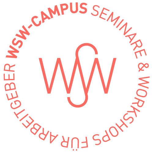 Siegel von WSW Campus mit WSW-Monogramm, umgeben von Text: "Seminare und Workshops für Arbeitgeber"