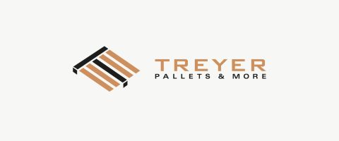 Logo von Treyer Paletten Modernes Firmenlogo von Treyer Paletten mit stilisierter Holzpaletten-Grafik in Braun und Schwarz.