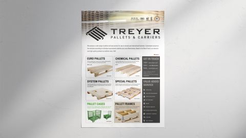 Poster mit Produktübersicht von Treyer Paletten Infoplakat mit Treyer-Logo und Produktübersicht für Euro-, Chemie-, System-, Spezialpaletten sowie Palettenrahmen und Gitterboxen.