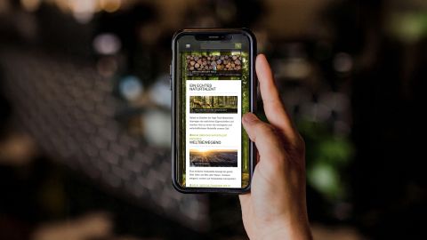 Hand hält Smartphone mit geöffneter Kellerholz-Website, die nachhaltige Holznutzung und Innovation präsentiert.