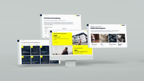 Verschiedene MERB-Webseitenansichten zu Containeranmeldung, Abfallregister, Zertifikaten und Stellenangeboten auf einem Monitor.