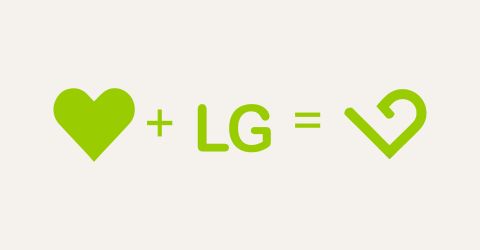 Grüne Grafik zeigt die Entstehung des Back to Activity Logos durch Kombination eines klassischen Herzsymbols und den Initialen „LG“.