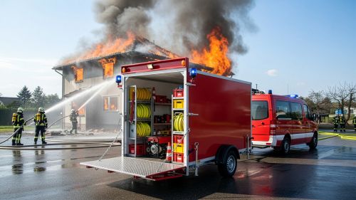 Ein Hirth Sonderbau-Feuerwehranhänger steht beladen mit Löschequipment vor einem brennenden Haus mit Feuerwehrmännern bei Löscharbeiten.