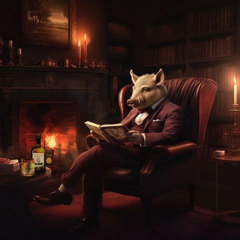 Anthropomorphes Schwein in einem eleganten Anzug, liest ein Buch in einem gemütlichen Raum mit Kaminfeuer und Kerzenlicht.