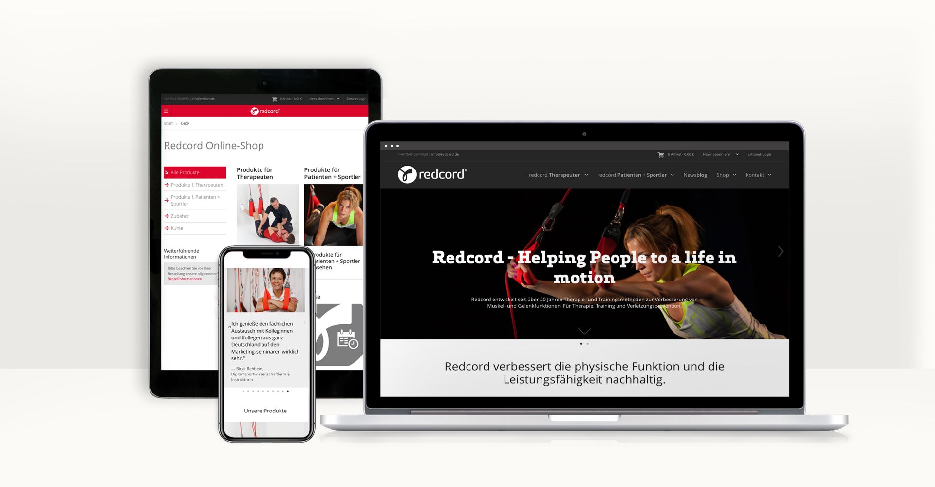 Redcord Online-Präsenz auf allen Geräten Redcord-Webseite auf Laptop, Tablet und Smartphone zeigt Online-Shop und Trainingsinformationen.